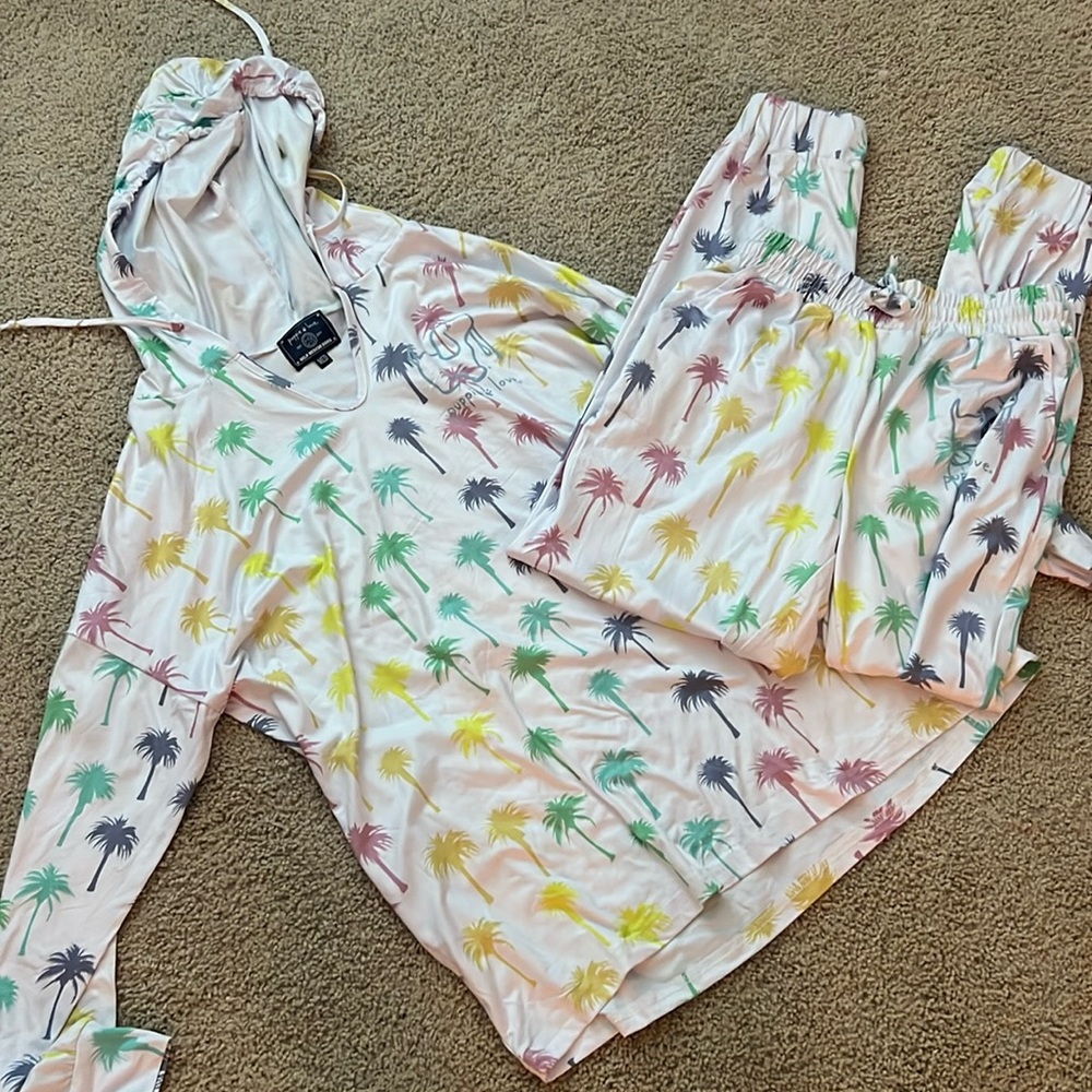 Puppie Love Colorful Palm Tree Pajama Set Pants S/M Hoodie Medium